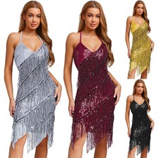 Womens Dress Neckholder Costume Tassel Dancewear Sequin Tango Mini V-Neck Suit