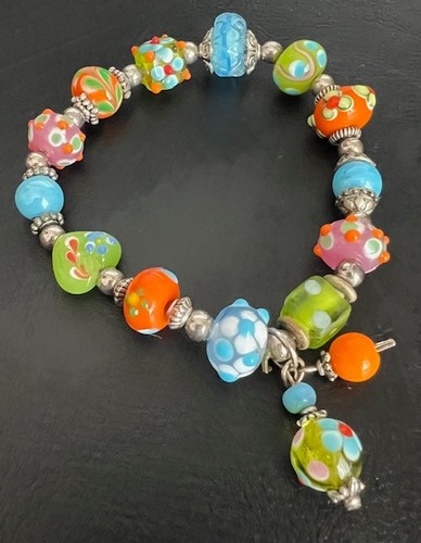 Multicolor Art Glass Lamp Work Bead Silver Bracelet Italy