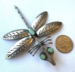 ZUNI Dragonfly Brooch Necklace Pendant Old Pawn Sterling Silver Turquoise DISHTA