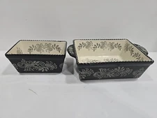 Baum Ceramic Set of 2 Casserole Mini Loaf Dishes Black Floral Paisley Design