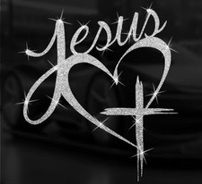 SILVER METALLIC GLITTER CROSS HEART 5.5  Jesus God Vinyl Sticker Decal Christian