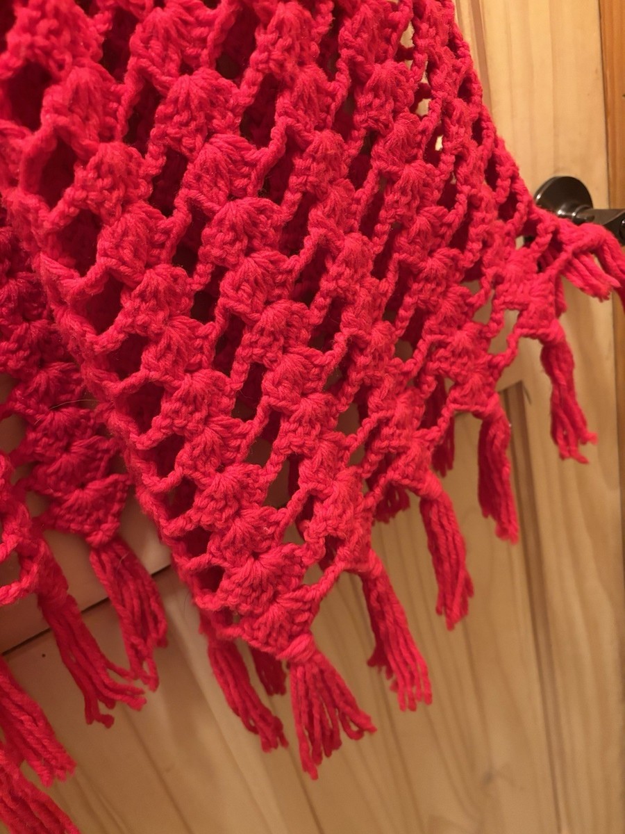 Vintage Homemade Crochet Little Red Riding Shawl View 3