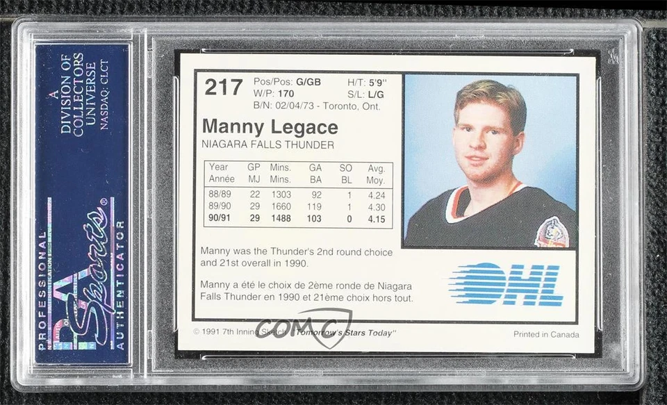 1991-92 7th Inning Sketch OHL Manny Legace #217 PSA 10 GEM MT - Image 2 of 2