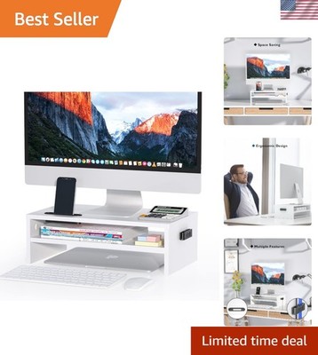 Sustainable White Monitor Stand Riser - 2-Tier with Built-In Storage, 16.5 Inch