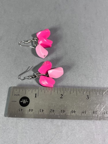 Dangle Beaded Earrings Pink Silver Tone Mid Century Modernist Boho Pierced 2" - Picture 7 of 7
