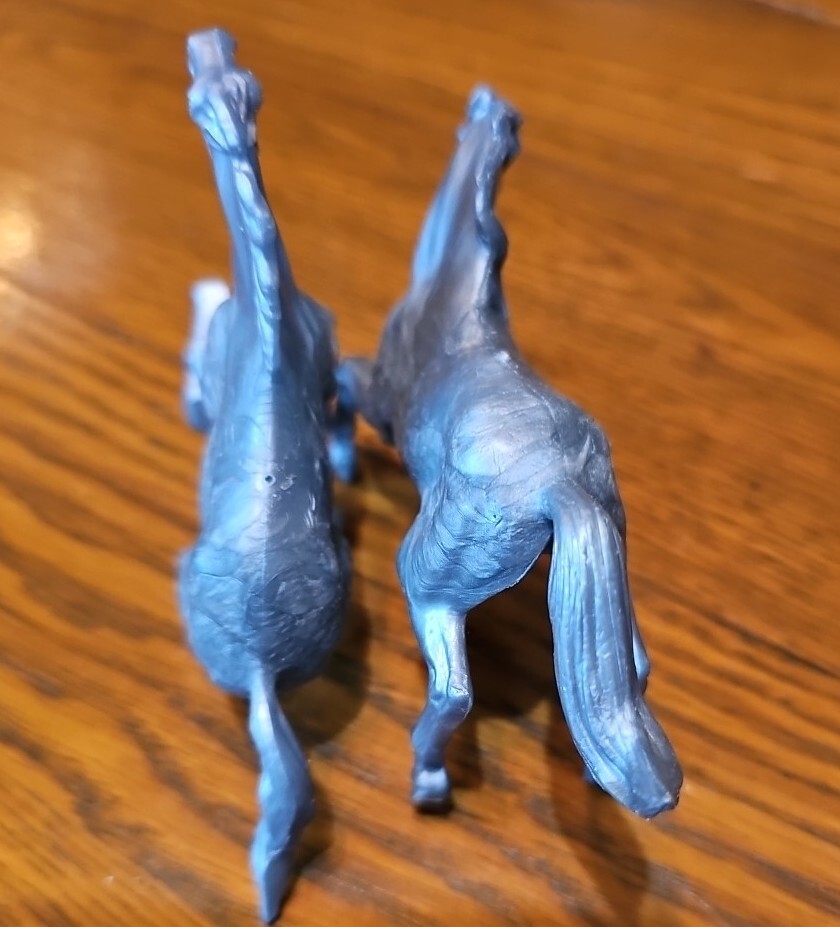 Vintage 2 Stuart Silver Galloping Rearing Standing Toy Plastic Horses