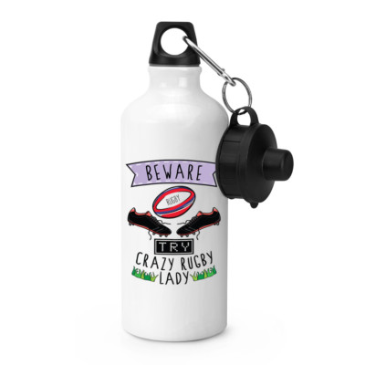 Gourde Métal 600ml "Méfiez-vous Crazy Rugby Lady" - Design Humoristique Sport, Pour Camping, Sport
