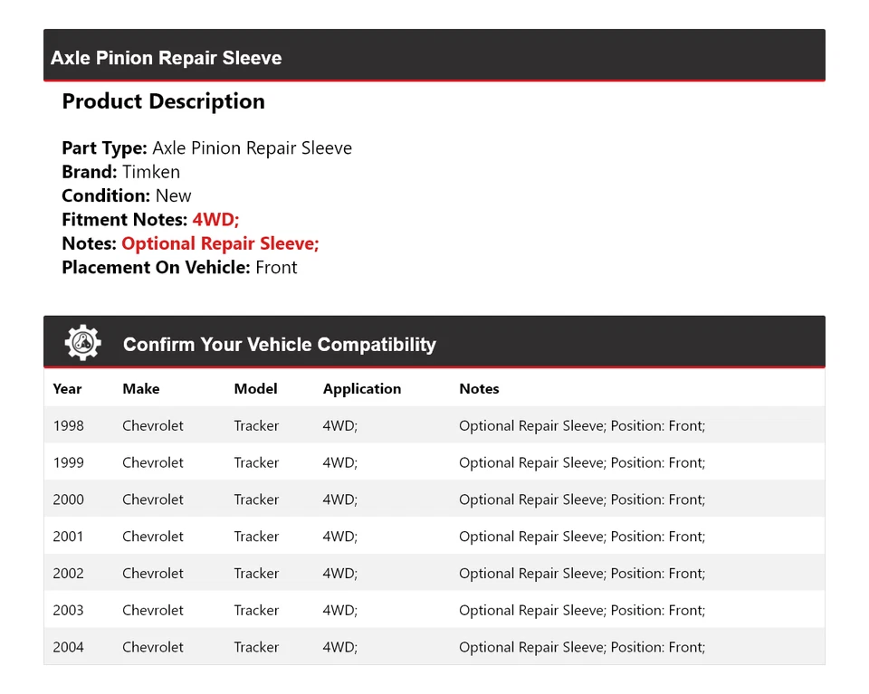 Para Chevrolet Tracker 1998-2004 4x4 eje piñón reparación manguito delantero Timken 1999 Foto 2 de 4