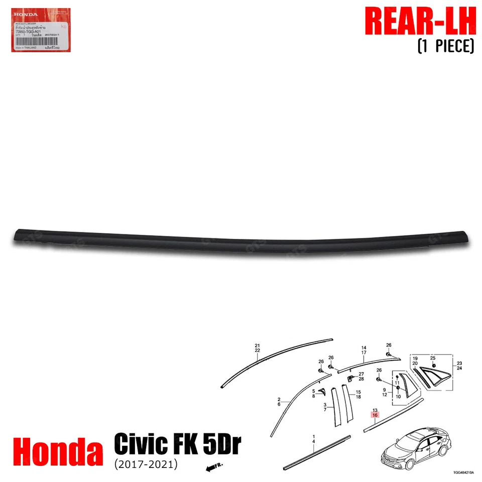 Rear Lh Outer Weatherstrip Window Molding Seal For Honda Civic FK 2017 - 2021 Foto 2 de 4