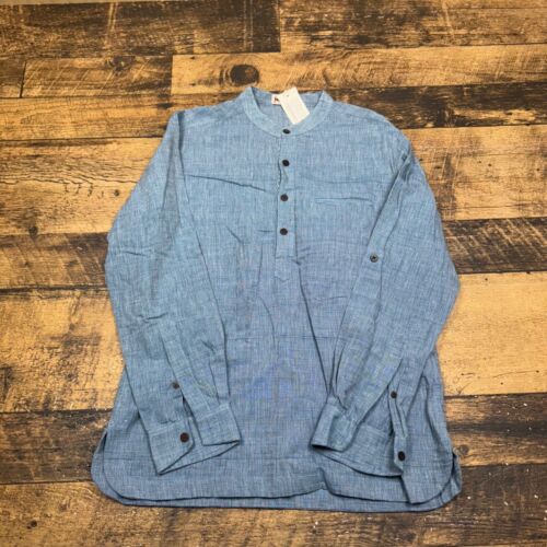 Fabindia Mens Long Sleeve Band Collar Casual Shirt Button Down Blue Size 38