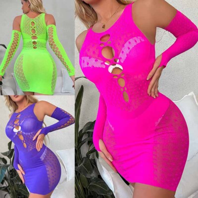 fishnet backless babydoll dress Women Lingerie Mini Dress Mock Neck Fishnet Long Sleeve Backless Babydoll Dress