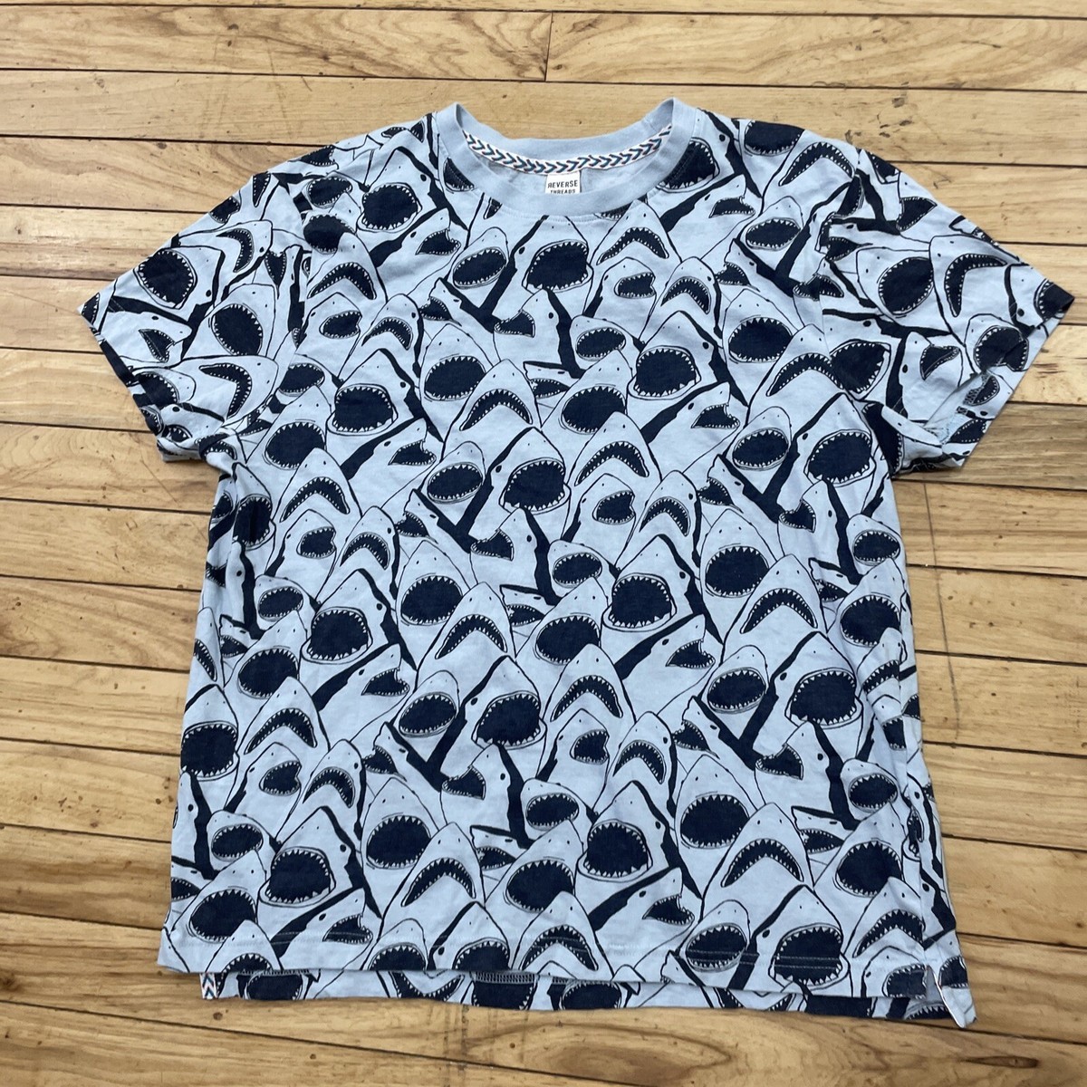 REVERSE THREADS Shirt Mens Small Shark AOP Print Shark Week