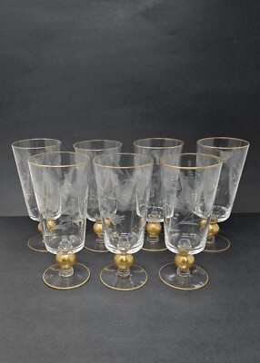 7 Vintage Glastonbury Lotus Etched Iced Tea Glasses Gold Ball Stem ...