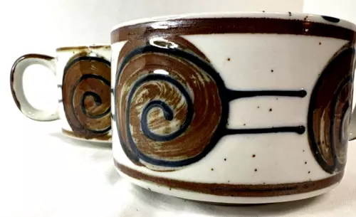 Otagiri Japan Stoneware Soup Mugs  Speckled Rust Brown Bands Swirls