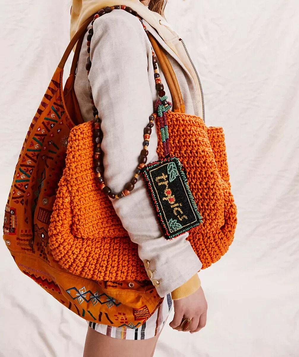 FREE PEOPLE Take Me To Tulum Tote Orange Ombr Beaded Handles Beach Bag NWOT