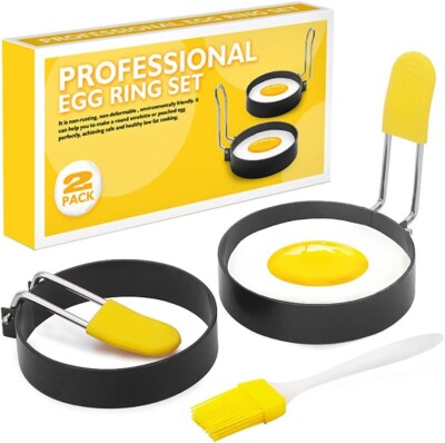 2 Pack Metal Frying Egg Ring Molds Round Egg Shaper w/ Brush for Frying Cooking