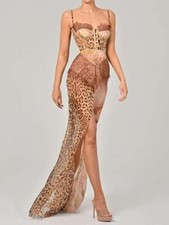 Leopard Print Backless Dress Lace Split Strap Summer Long Dress Women's