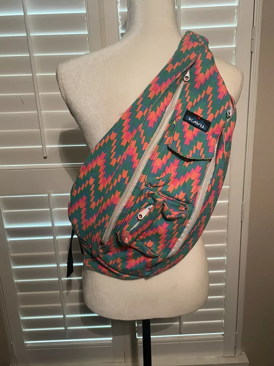 KAVU Rope Sling Bag Bright Neon Colors Geometric Pattern Excellent