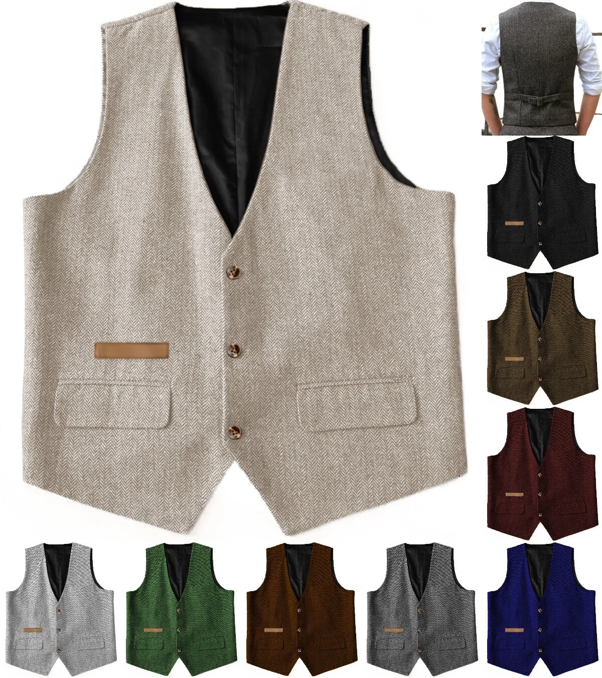 Mens Wool Tweed Vest Herringbone Waistcoats Hunting Vintage Retro Wedding Grooms