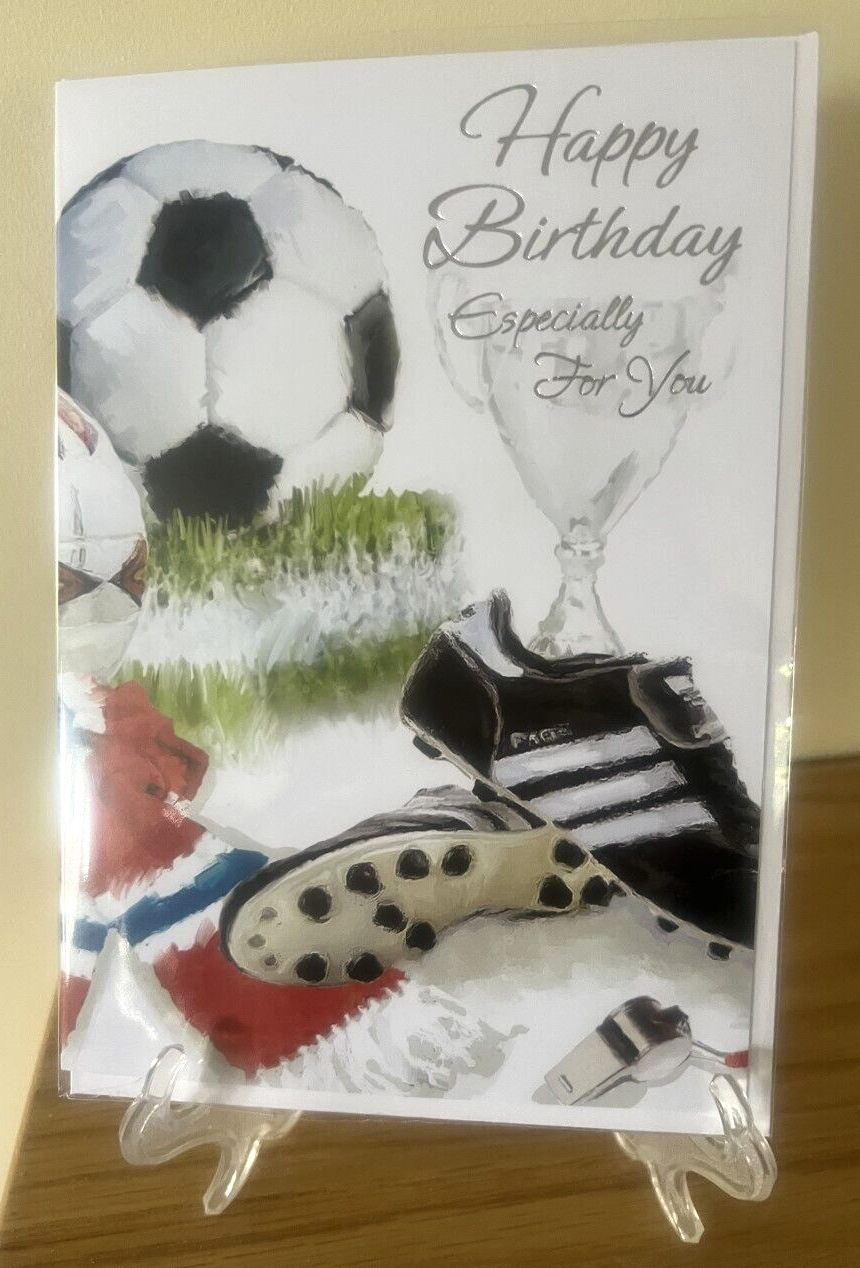 Open Male Happy Birthday Card -Silver Foil - By Simon Elvin - Football