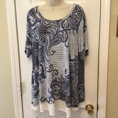 Rose & Olive Anthropologie 2X Soft Top Short Sleeve Blue Paisley Chiffon Trim