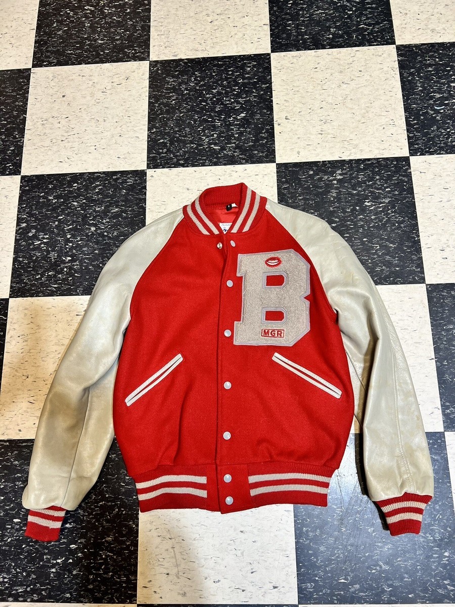Butwin Vintage 60S Wool/ Leather Varsity Jacket Size 38 Red/ Gray