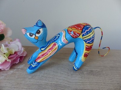 Skulptur Katze aus Pappmaché - leuchtende Farben, handbemalt - Vintage