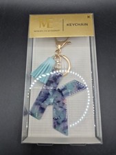 MODERN EXPRESSIONS MONOGRAM K KEYCHAIN. NEW. TEAL GOLD W/ POM POM TASSELS