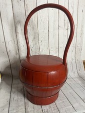 Vintage Chinese Red Lacquer Wood Rice Wedding Basket w/ Lid and Handle 17&rdquo;