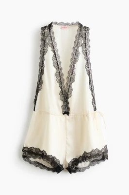 H&M Livia Nunes lace trimmed satin playsuit black beige size S BNWT - Photo 1/4