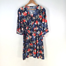 Mango dress womens size XL aus 14 fit flare navy blue floral 3/4 sleeve 124395