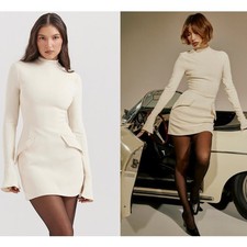 House of CB Mahalia Vintage Cream Mock Neck Flared Sleeve Mini Dress S Tall NWOT