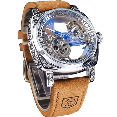 Men's Luxury Square Carving Mechanical Watch, Retro Totem Double Sided Hollow...