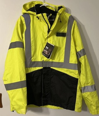 Helly Hansen Workwear Hi Vis Rain Jacket XL Yellow Reflective Hood *READ New
