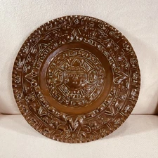 Vtg Hammered Mexican Copper Aztec Mayan Sun Calendar Wall Art  Plate 12”