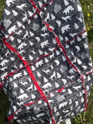 Handmade Flannel Two Layer Rag Quilt Nature Adventure Red Black Gray Bear Cabin