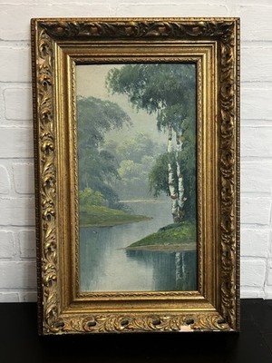 Vintage Birch Tree Landscape Oil Painting Ornate Gold Frame Forest Lake