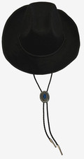 Men's Wide Brim Felt Cowboy Hat Bolo Pewter Adjustable Tie Style Band Unisex Blk