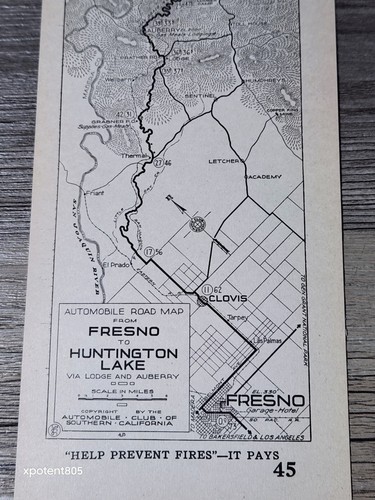1920s Fresno Huntington Lake Automobile Club of Southern Calif AAA Map 45 Rare