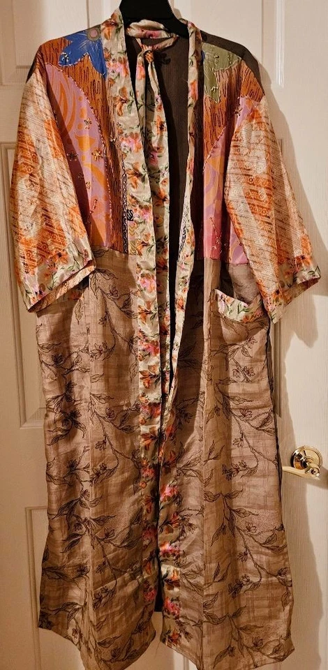 Bata Kimono Art Silk~ Para Mujer Talla Única~ Kimono con Corbata~Floral~Cuentas~Naranja,Beige - Imagen 1 de 4