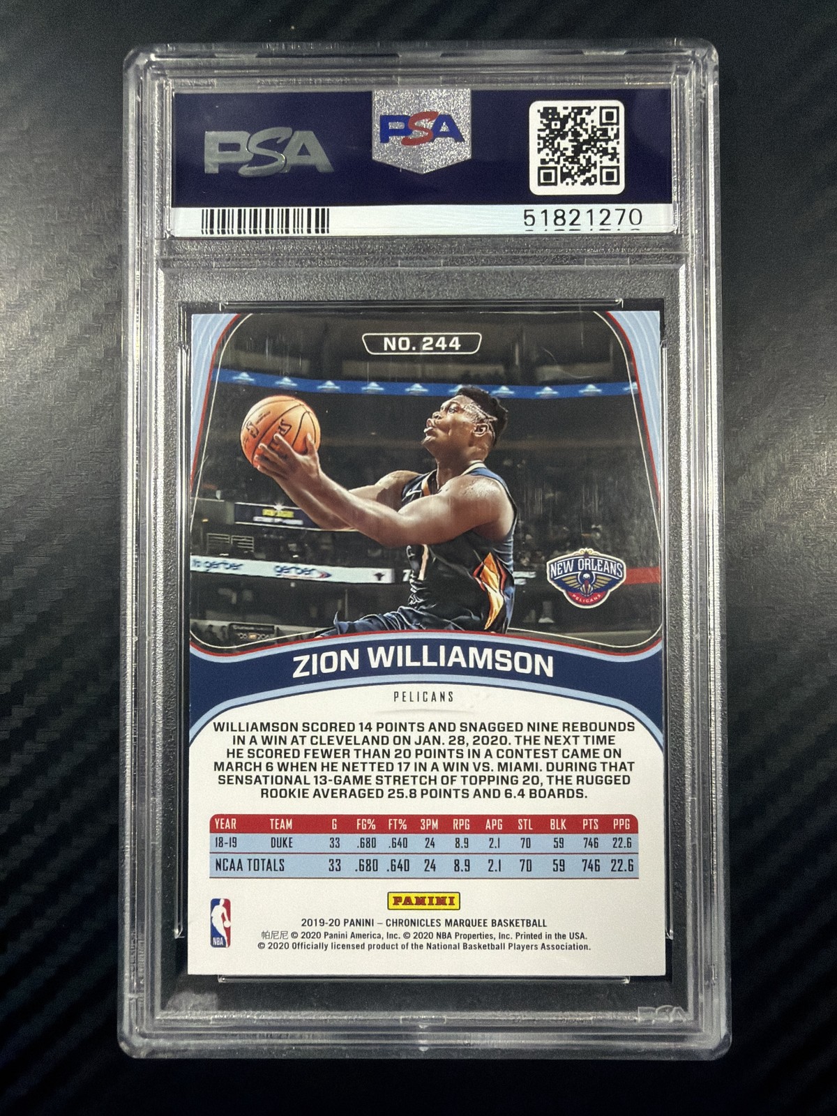 2019-20 Panini Chronicles #244 Zion Williamson PSA 10 view 2