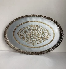 Vintage Oval Vanity Dresser Tray Gold Silver Floral Filigree Hollywood Regency