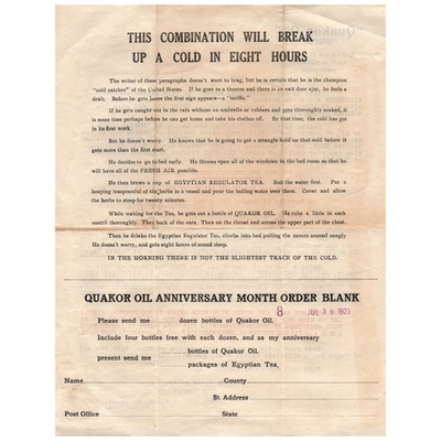 #ad 1923 Quakor Oil Anniversary Month Order Blank H.S. Heustis AD8 $13.50