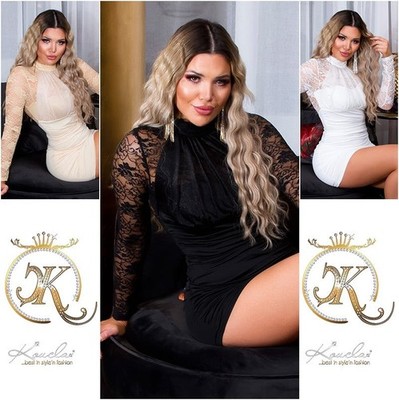 Koucla Sexy Black Lace Satin Ruched Long Sleeve Mini Dress Clubwear Party UK