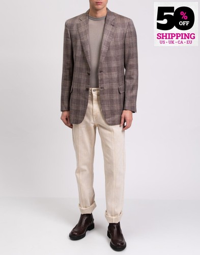 RRP €3303 BRIONI Wool Silk & Linen Jacket B&T 51 M Brown Plaid Made in Italy