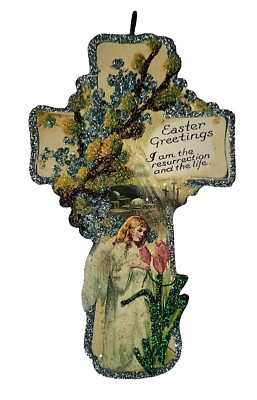 CROSS w ANGEL, FLOWERS, GREETINGS  * Glitter EASTER ORNAMENT  *  VICTORIAN Img