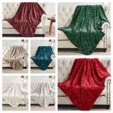 Soft Fuzzy Warm Throw Blanket Jacquard Rabbit Faux Fur with Micromink Backing