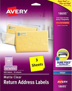 3 Sheets Avery Matte Clear Return Address Labels 2 3 X 1 3 4 Inkjet Ebay