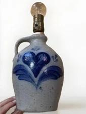 Rowe Pottery Works Table Lamp Cambridge WI 1987 Blue Salt Glazed No Shade VTG