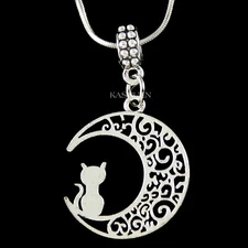 ~Cat Crescent Moon Charm Chain Necklace Feline Celestial Keychain Bangle Jewelry
